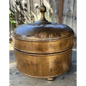 Vintage Burmese-Style Gold Wooden Lidded Bowl